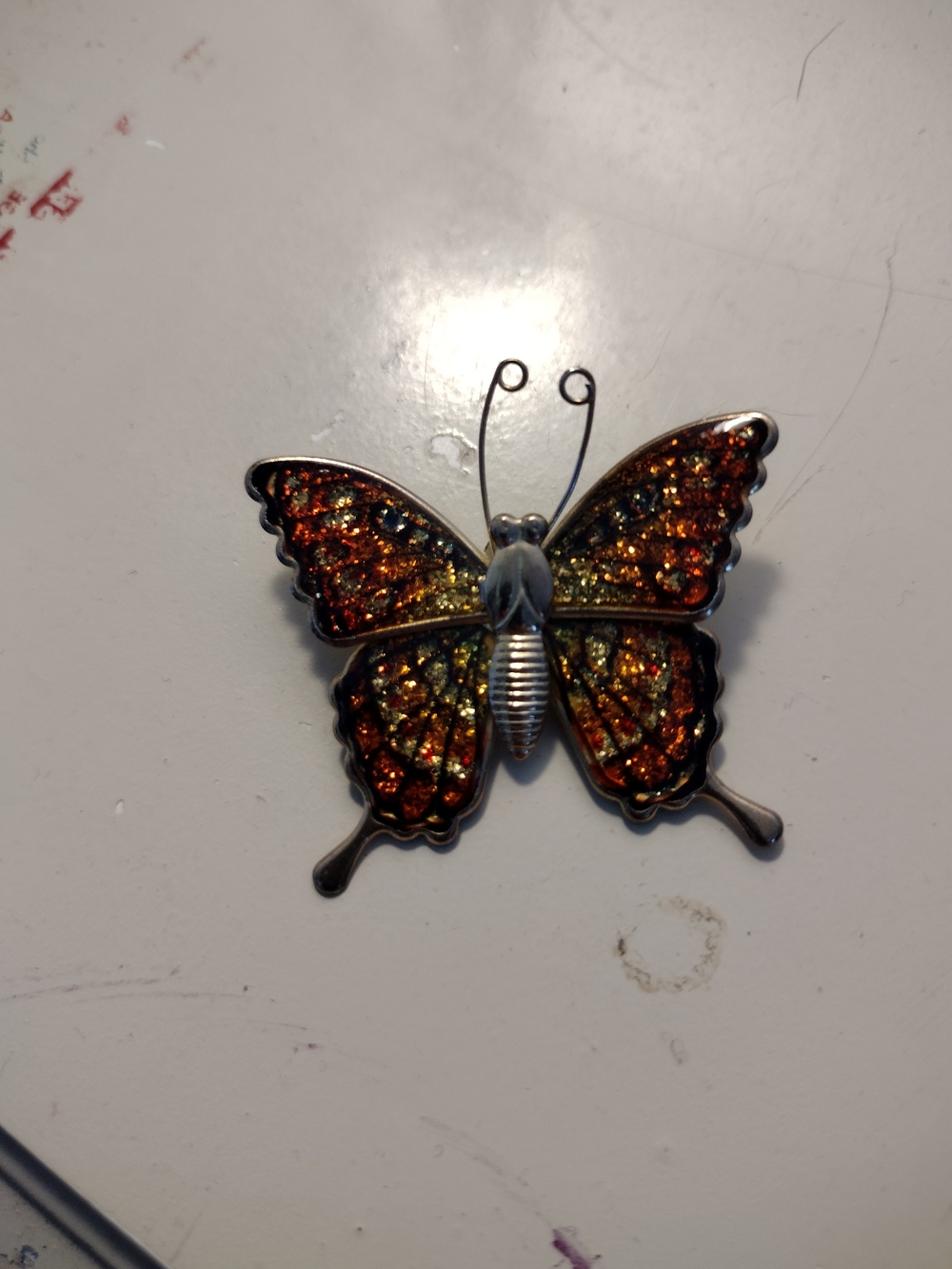 Glittery Orange and Gold Butterfly Brooch